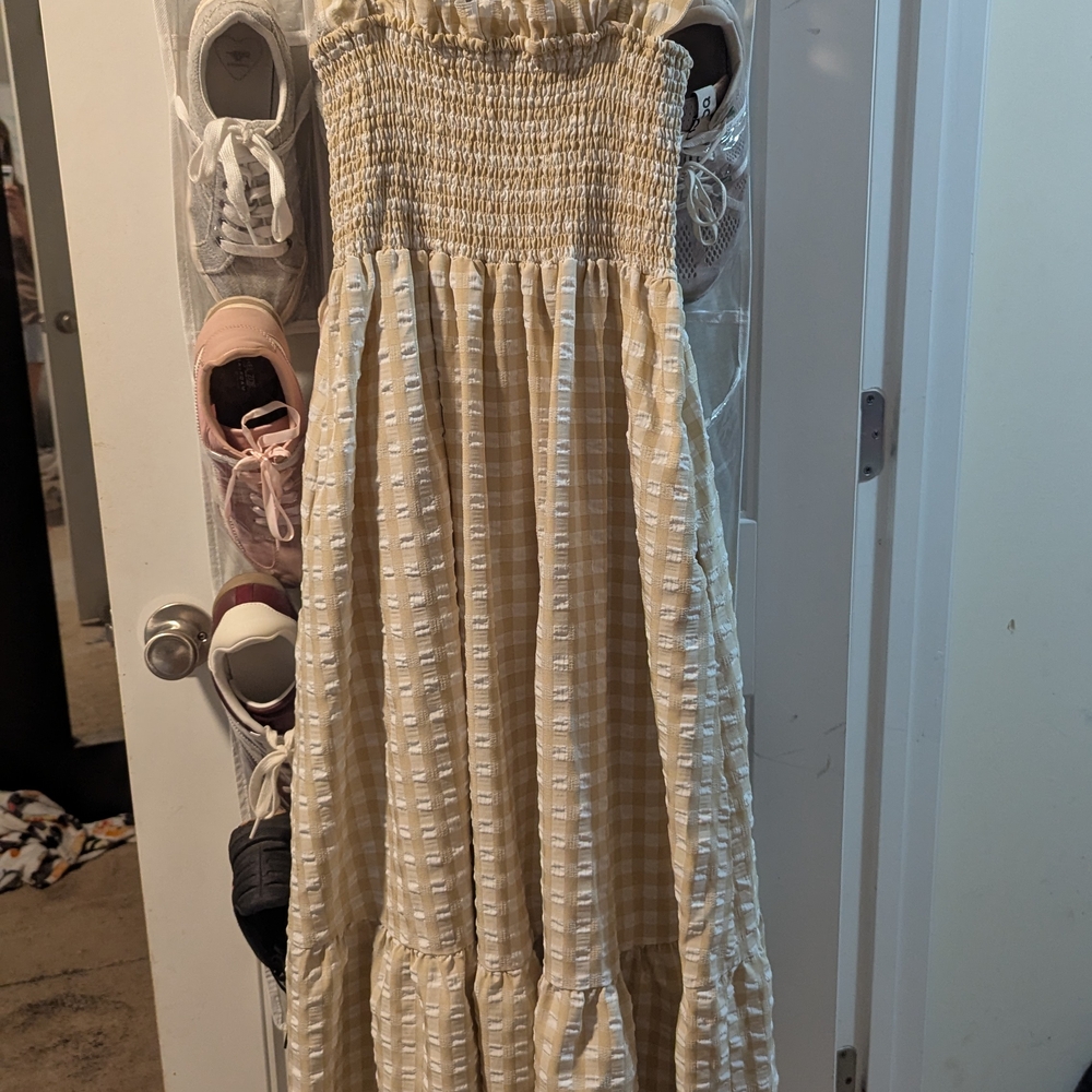 Smocked Maxi Dress in Beige and White